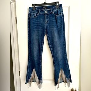 Cropped rhinestone trim blue jeans